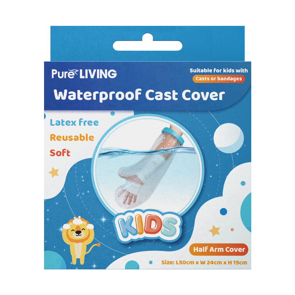 Kid's Waterproof Cast Cover Half arm Half leg packaging featuring a reusable, latex-free design for children.