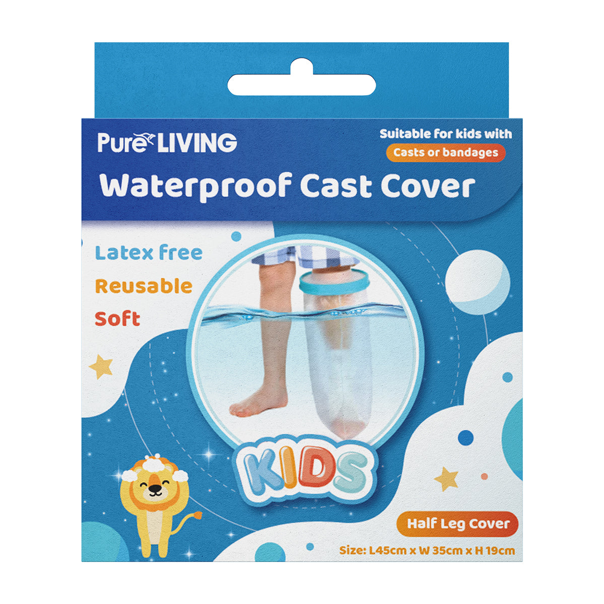 Kid's Waterproof Cast Cover Half arm Half leg packaging with features and size details suitable for kids.